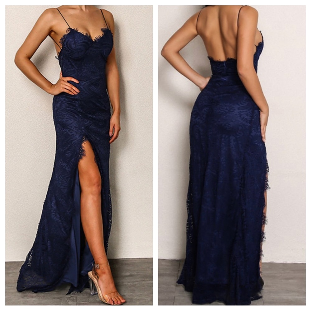 Navy Blue Lace Overlay Dress
